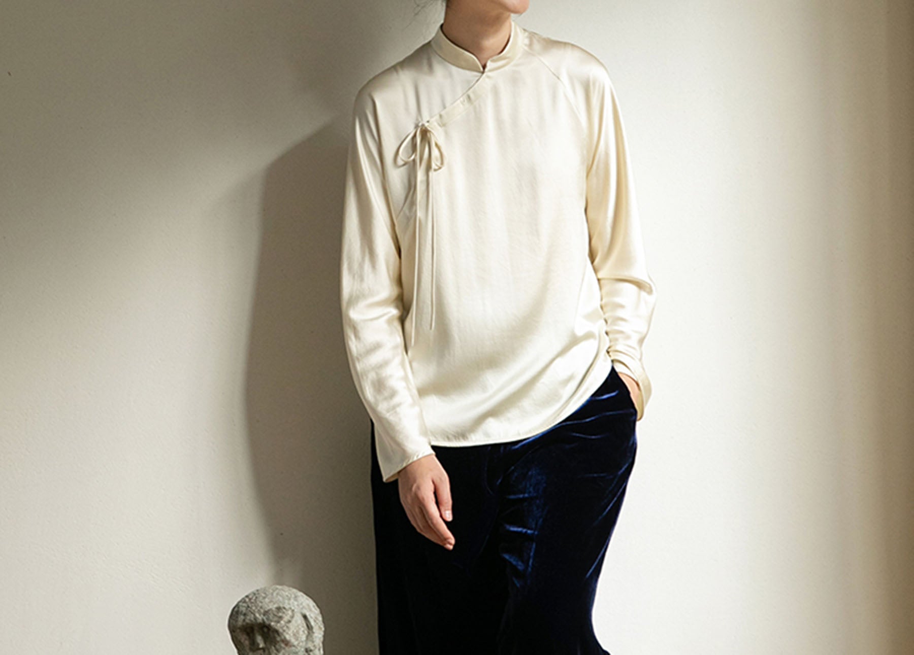 edoa Stone Washed Silk Satin Chinese Blouse