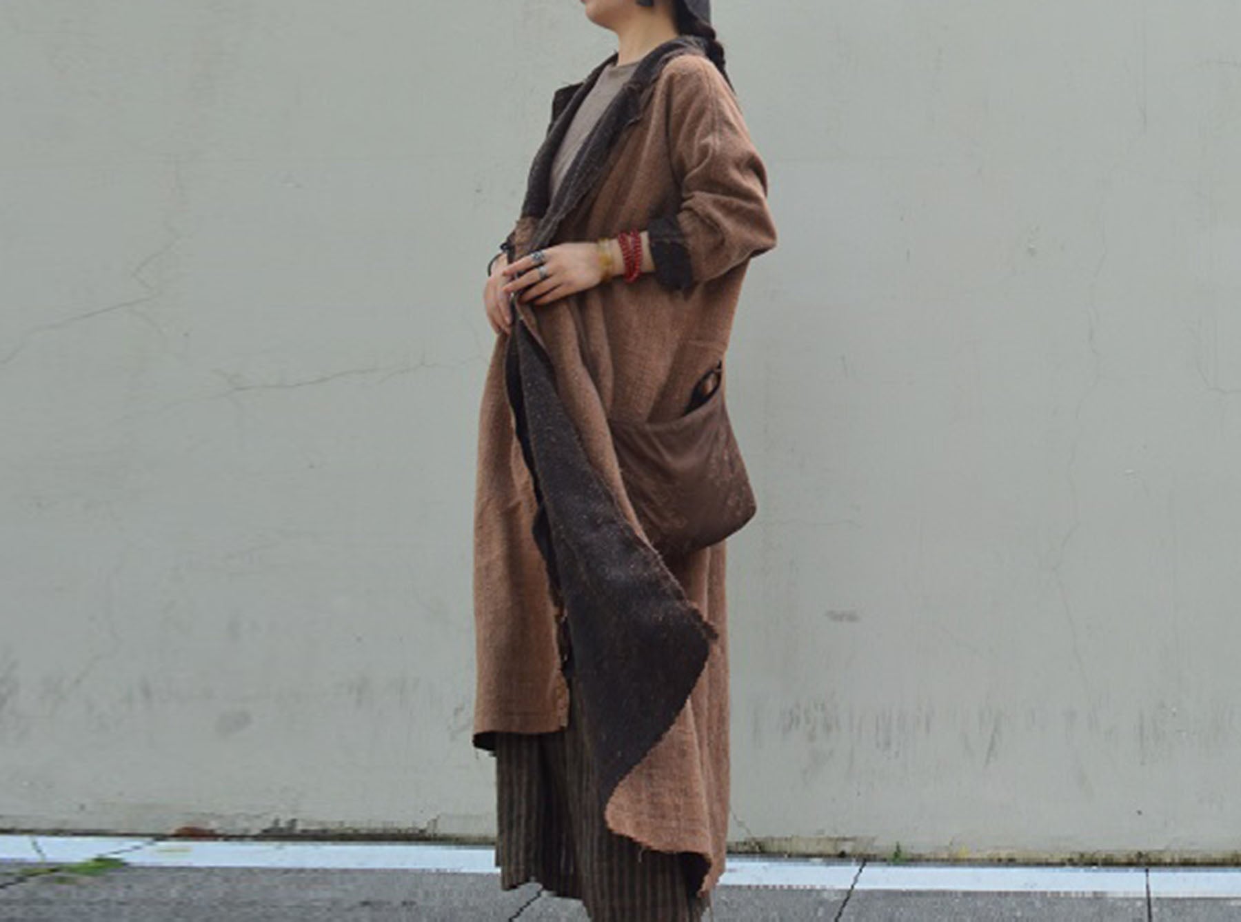 edoa Reversible Distressed Mud Tussah Silk Dust Coat