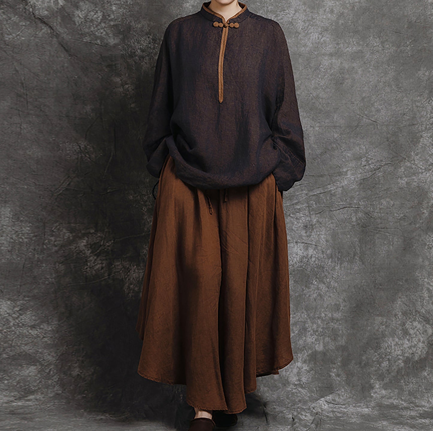 edoa Loose Yarn Dyed Linen Batwing Blouse