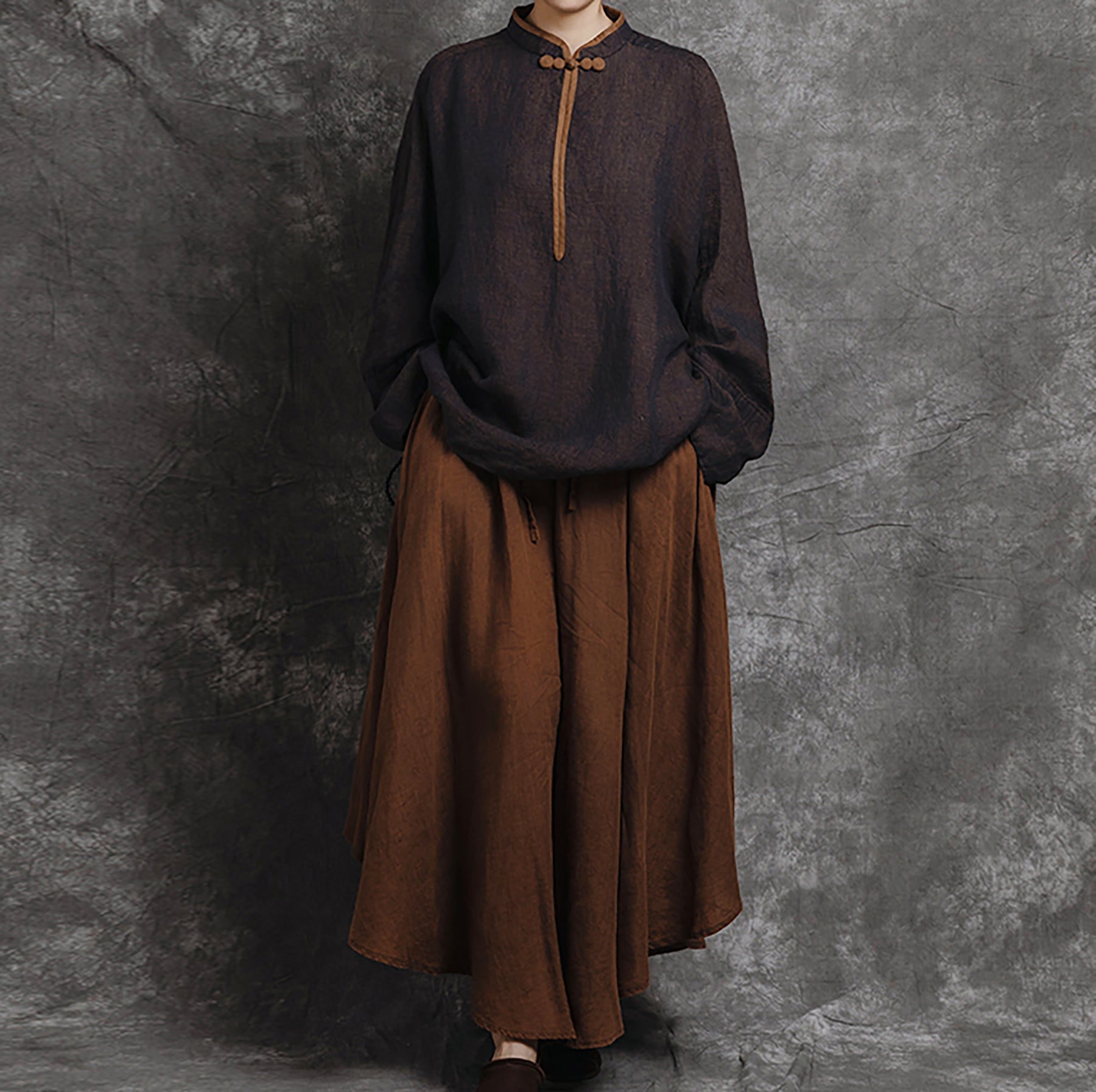 edoa Loose Yarn Dyed Linen Batwing Blouse