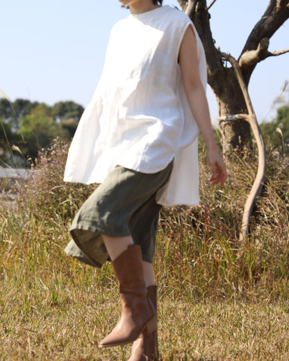 edoa White Oversized Linen Sleeveless Swing Top with Band Collar