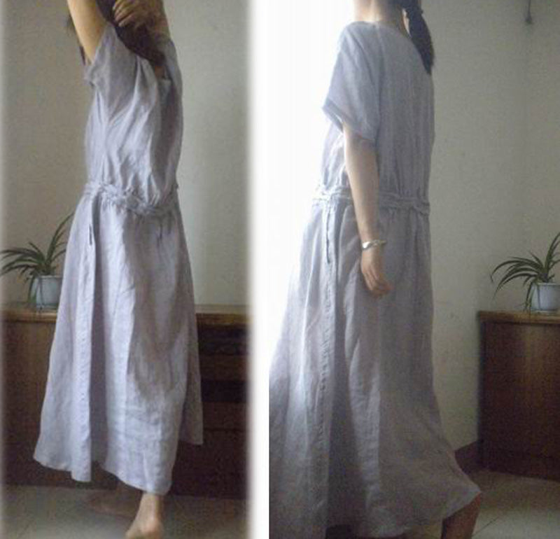 edoa loose hand embroidered linen maxi dress