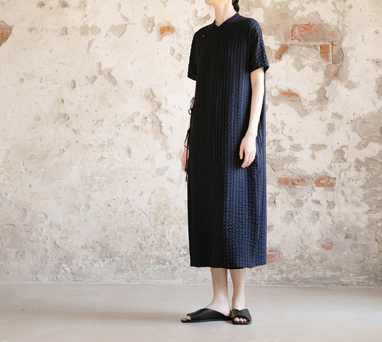 edoa Crinkled Stripe Linen Blend Qipao Dress