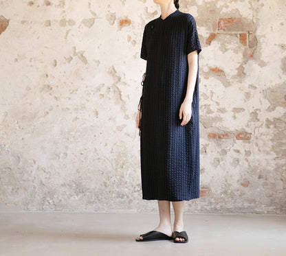 edoa Crinkled Stripe Linen Blend Qipao Dress