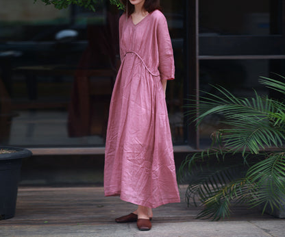 edoa Ramie Curved Waistline Maxi Dress