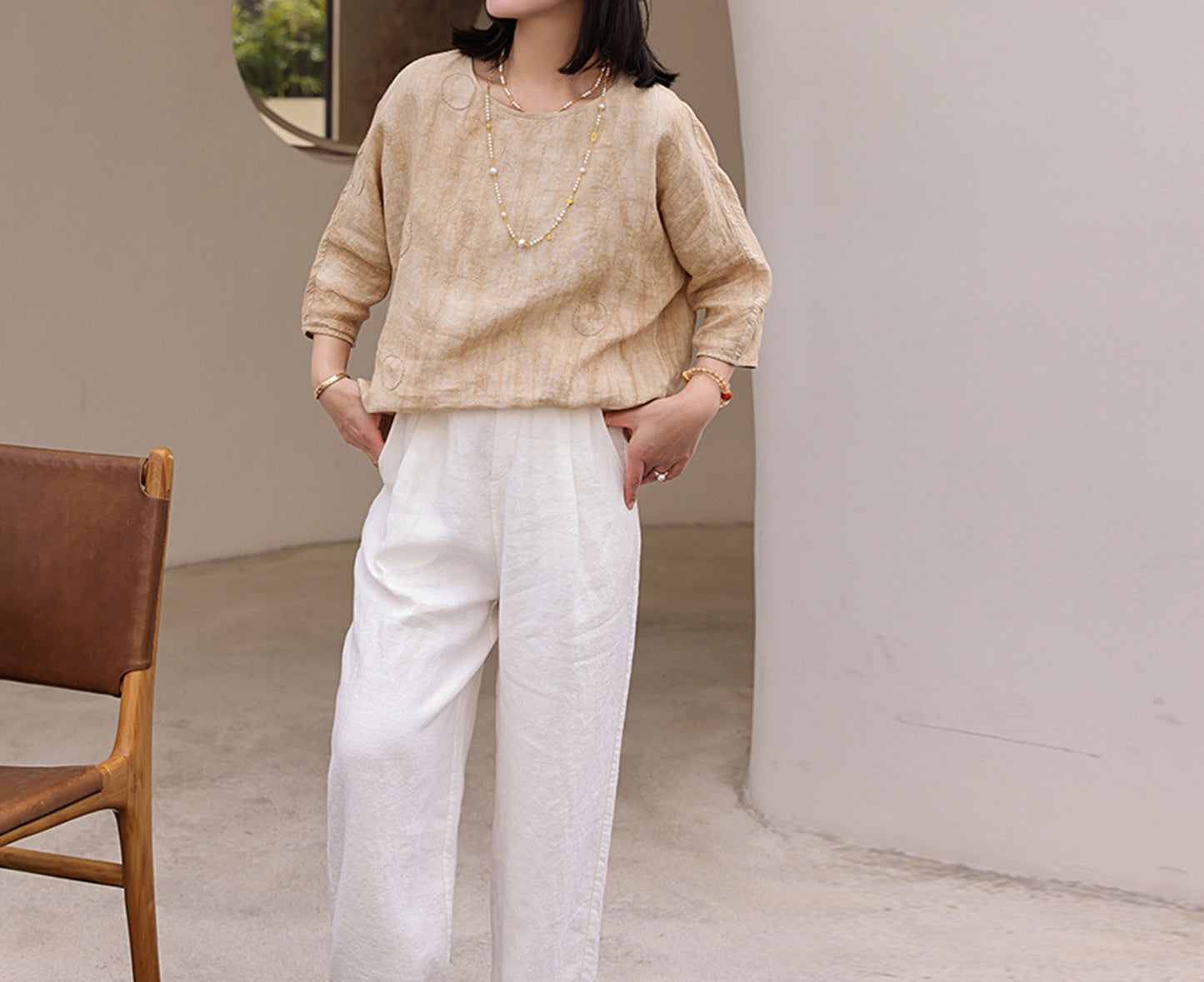 edoa Distressed Crinkled Linen Top with Hand Embroidery 