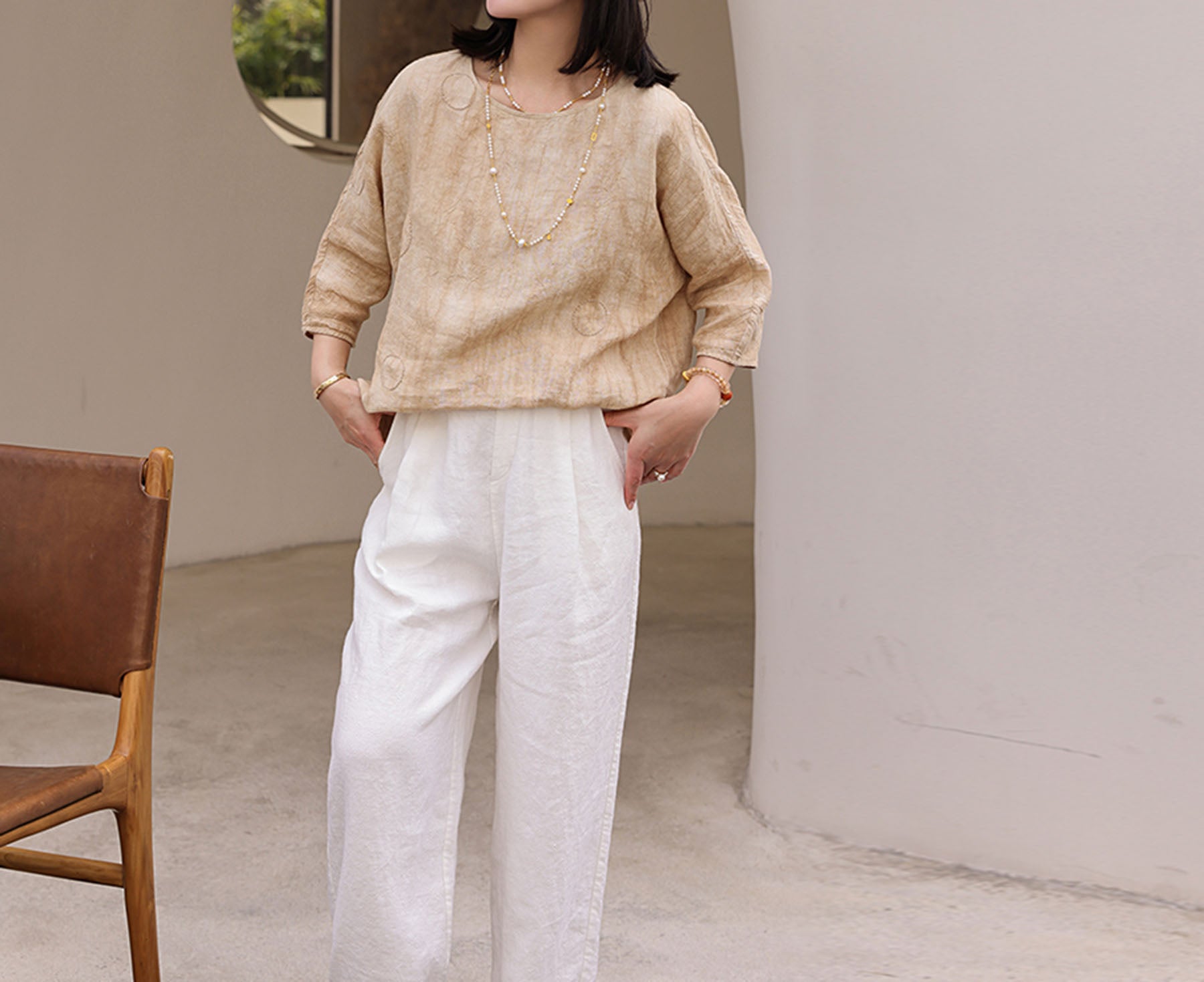 edoa Distressed Crinkled Linen Top with Hand Embroidery 