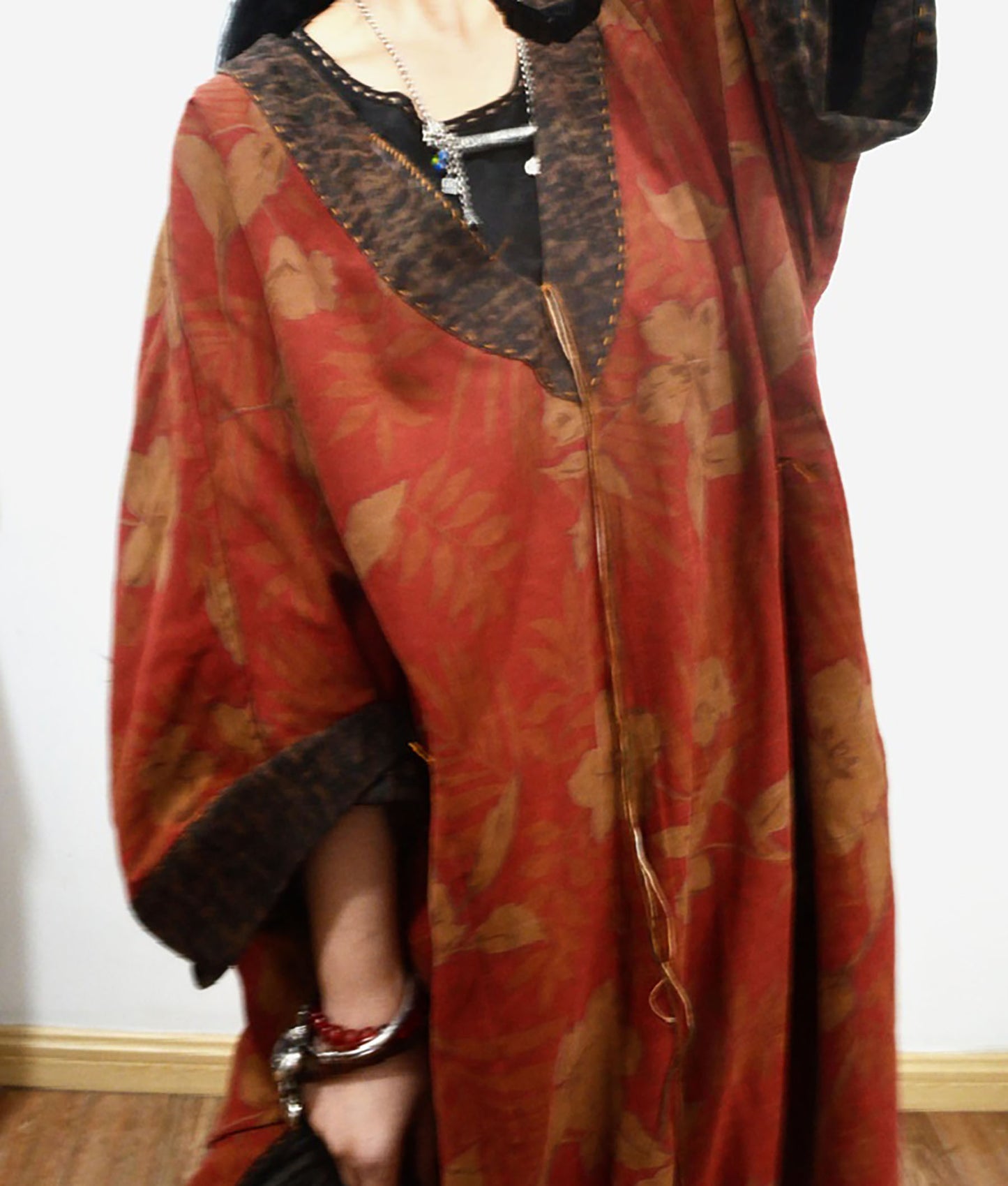 edoa Reversible Loose Fitting Deep V-neck Printed Mud Noil Silk Dress