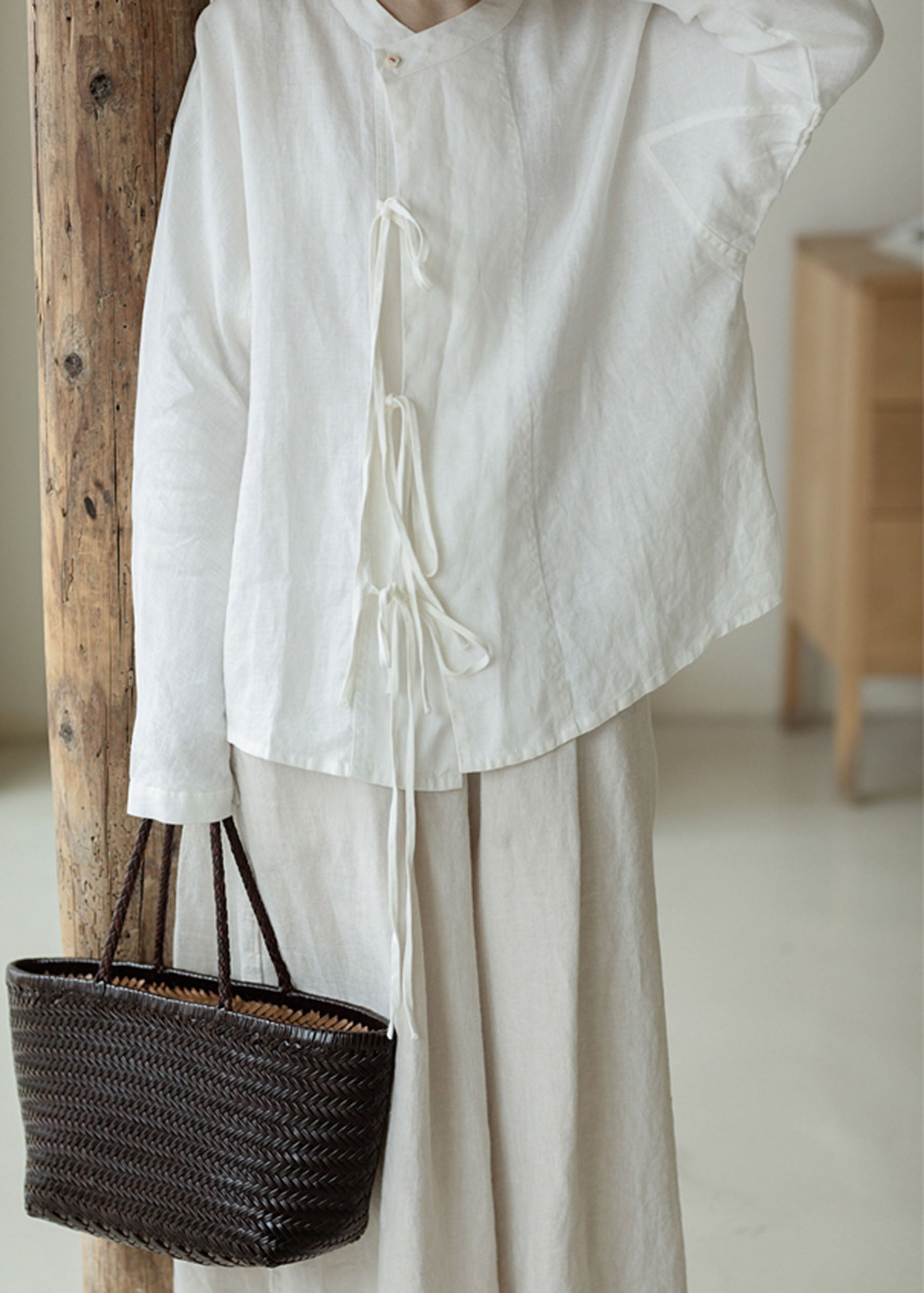edoa Off White Linen Tie Blouse