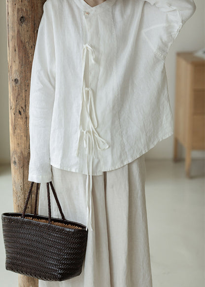 edoa Off White Linen Tie Blouse