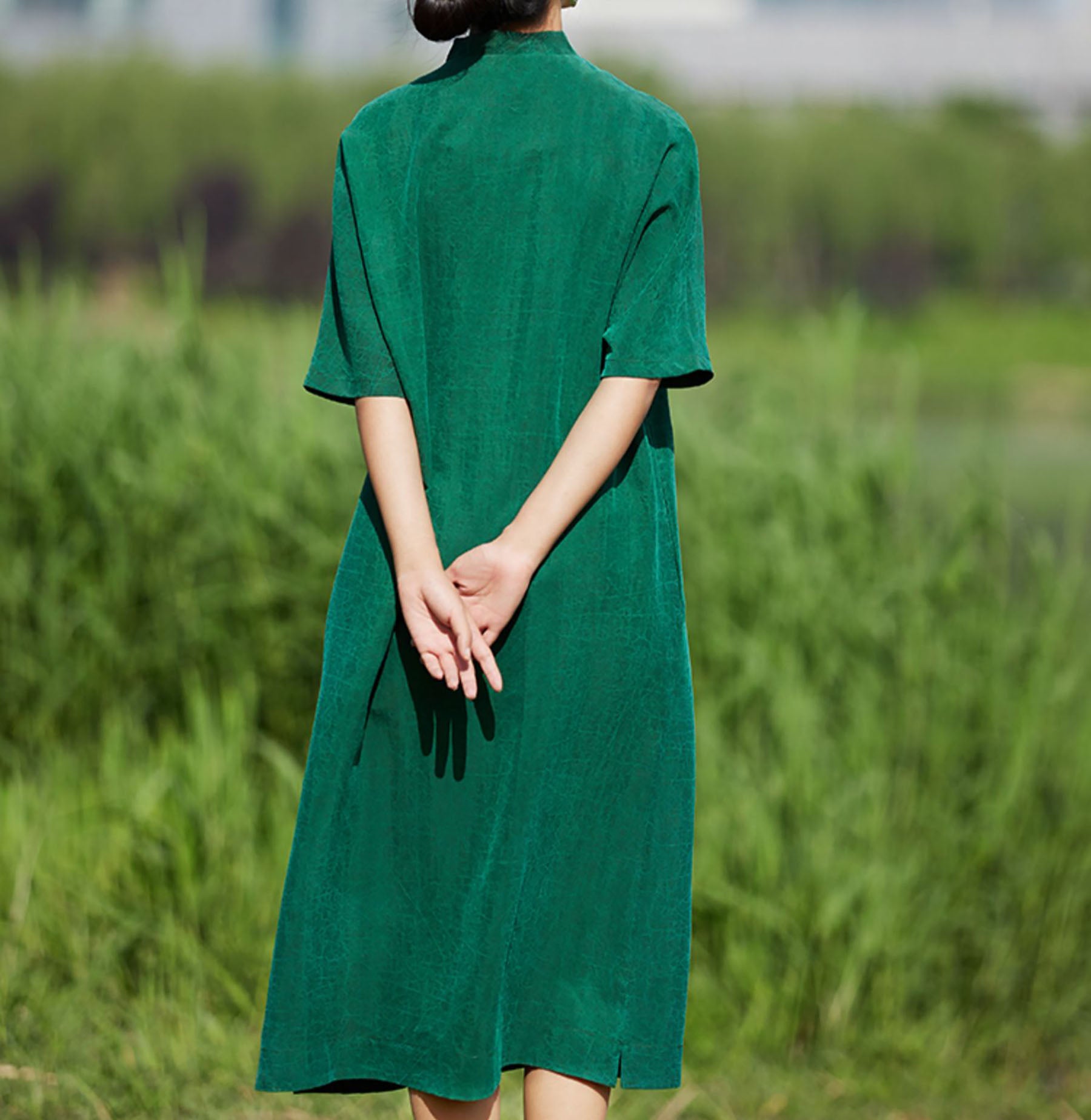 edoa Cracked Mud Silk Qipao Dress