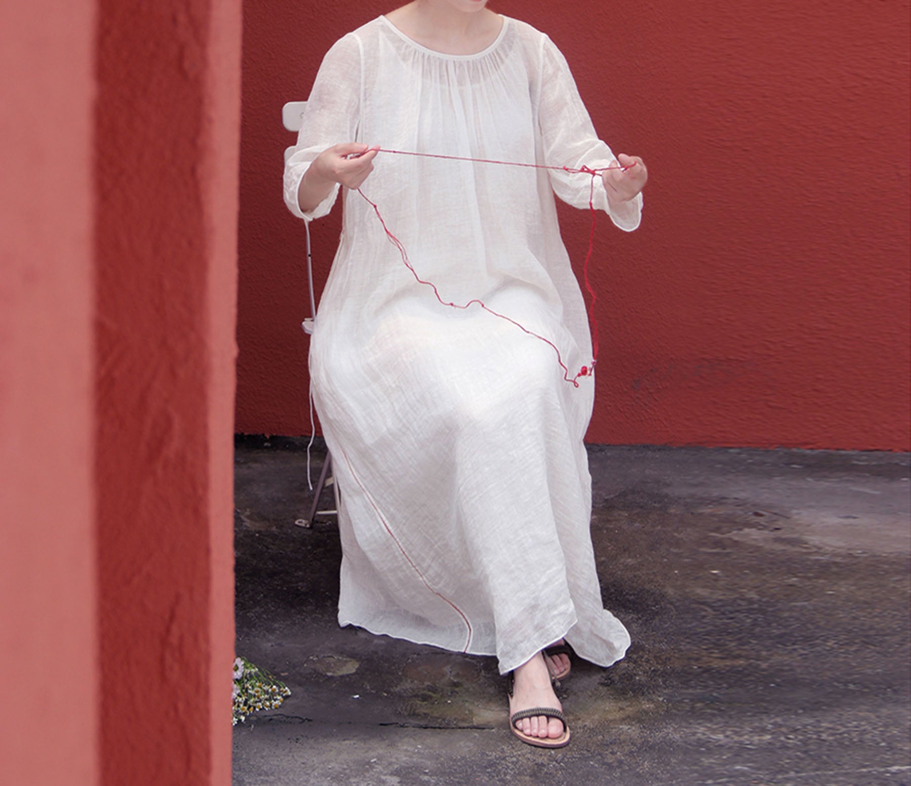 edoa White Linen Gauzy Maxi Dress with Hand Stitch Jointed Panels