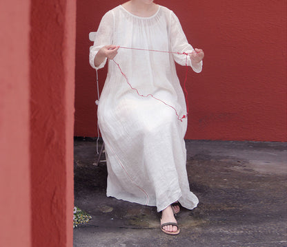 edoa White Linen Gauzy Maxi Dress with Hand Stitch Jointed Panels