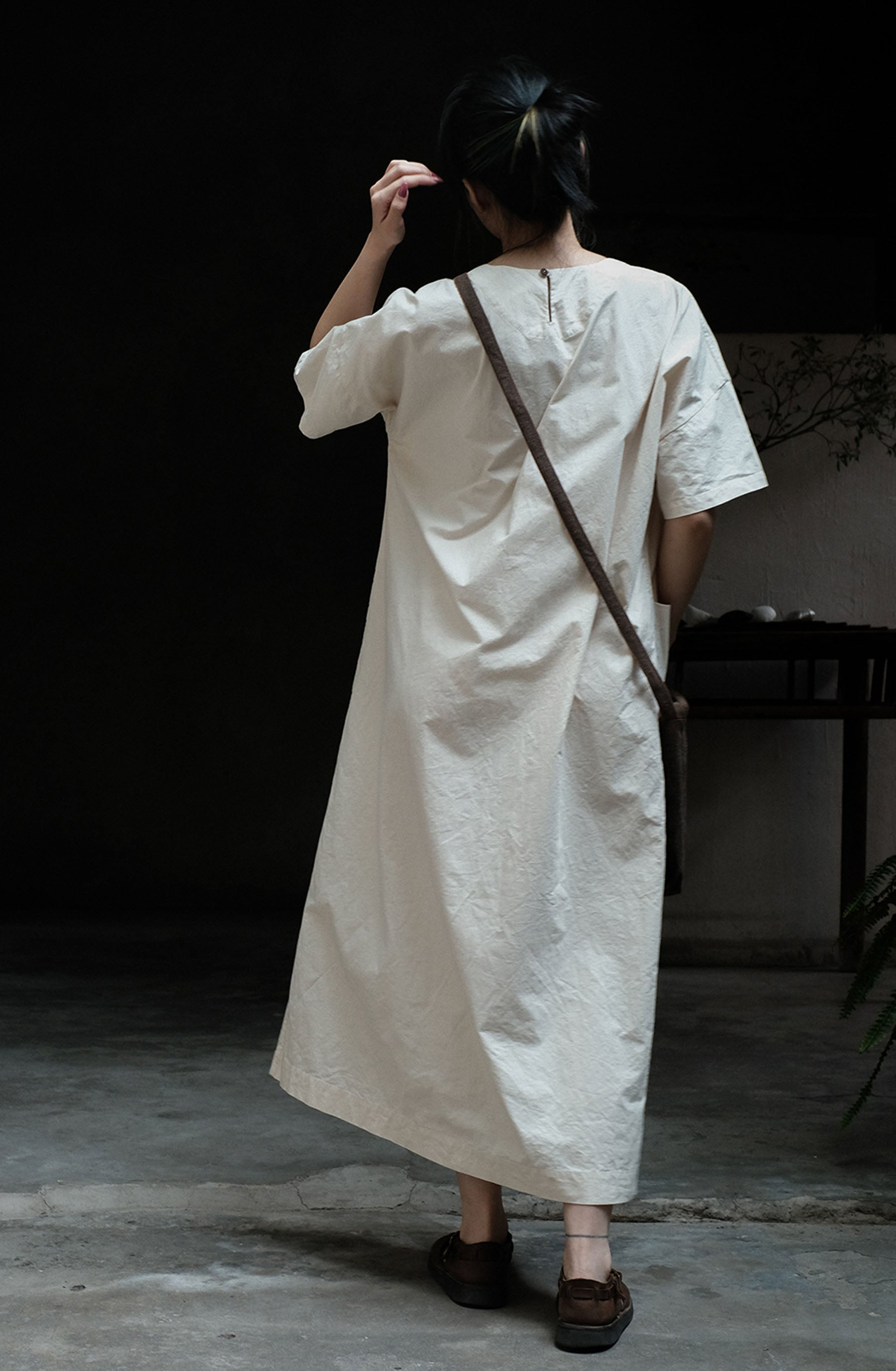 edoa Loose Paper Cotton Minimalism Short Sleeve Dress