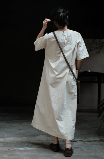 edoa Loose Paper Cotton Minimalism Short Sleeve Dress