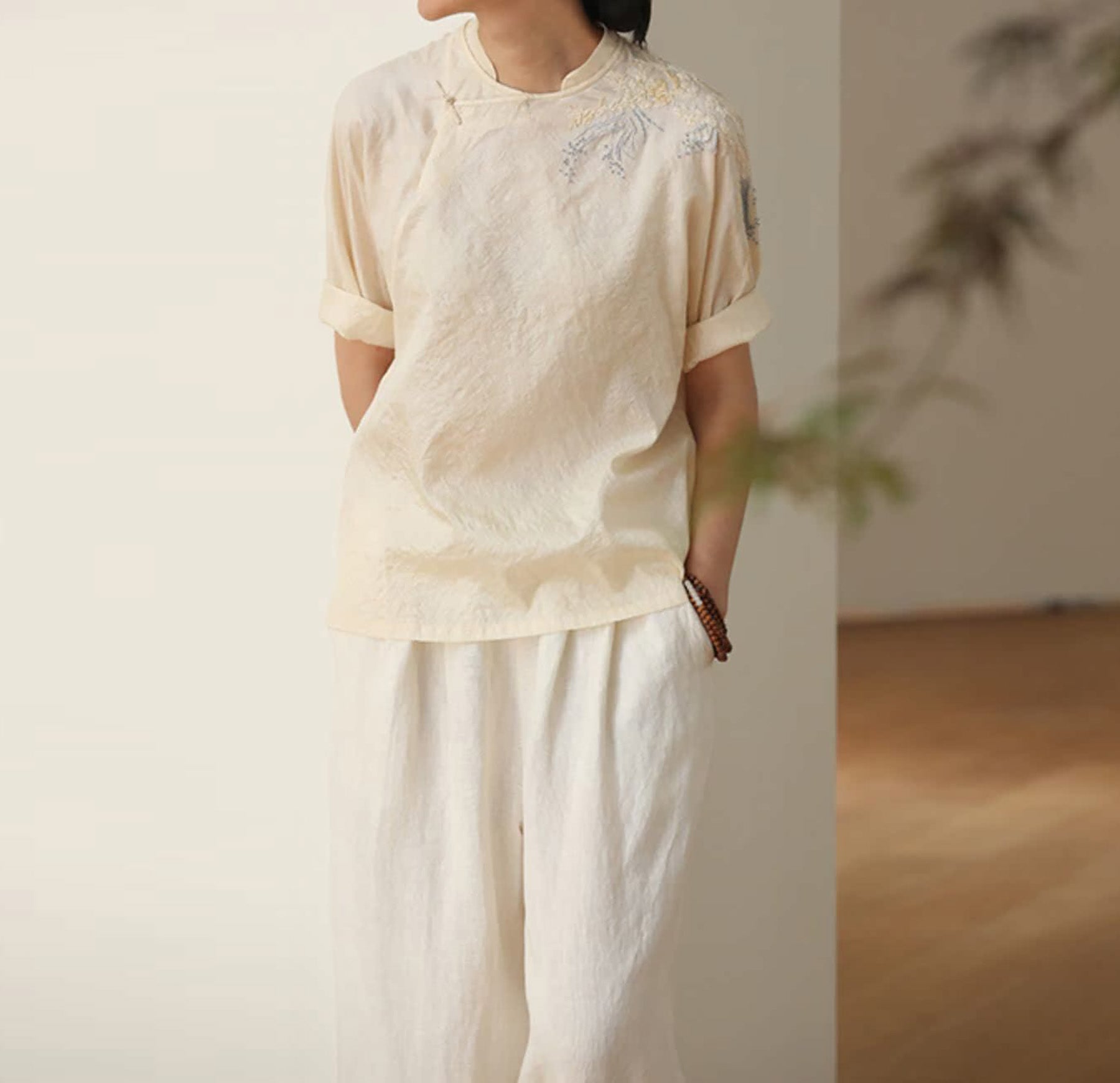 edoa Tussah Silk Hand Embroidery Chinese Blouse