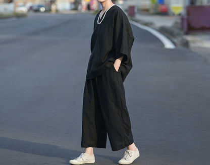 edoa Loose Heavy Weight Washed Linen V-neck Tee