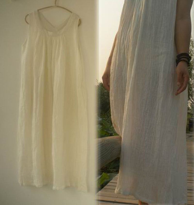 edoa Trapeze Gathered Linen Maxi White Dress 