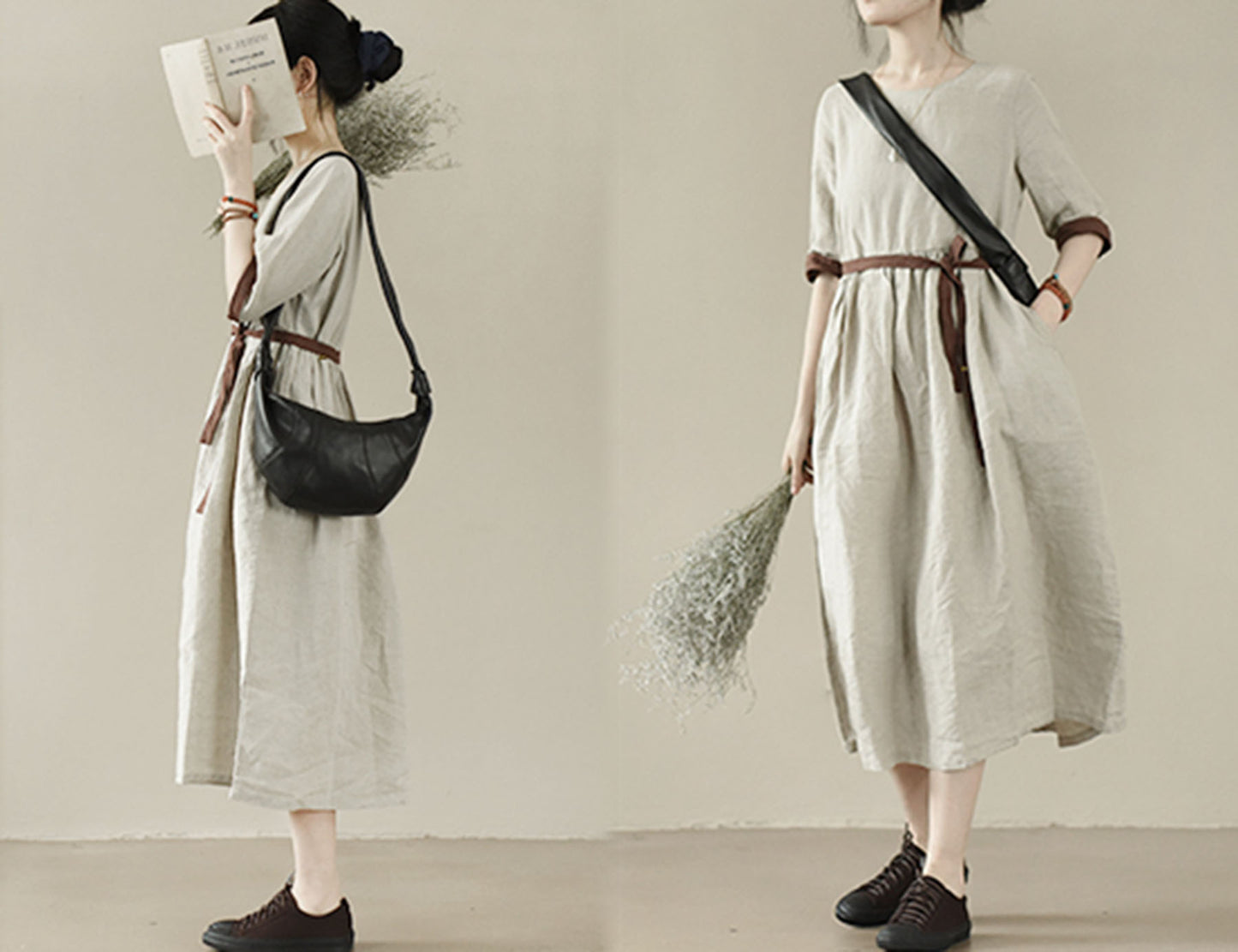 edoa Flax Linen Half Sleeve High Waist Gathering Dress