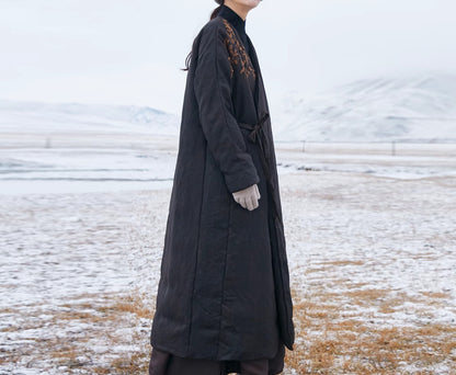 edoa Mud Silk Spun Hanfu Goose Down Coat with Hand Embroidery