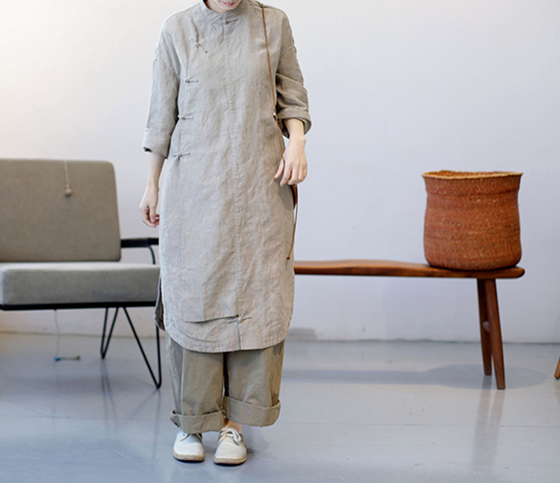 edoa Yarn Dyed French Linen Cheongsam Dress 