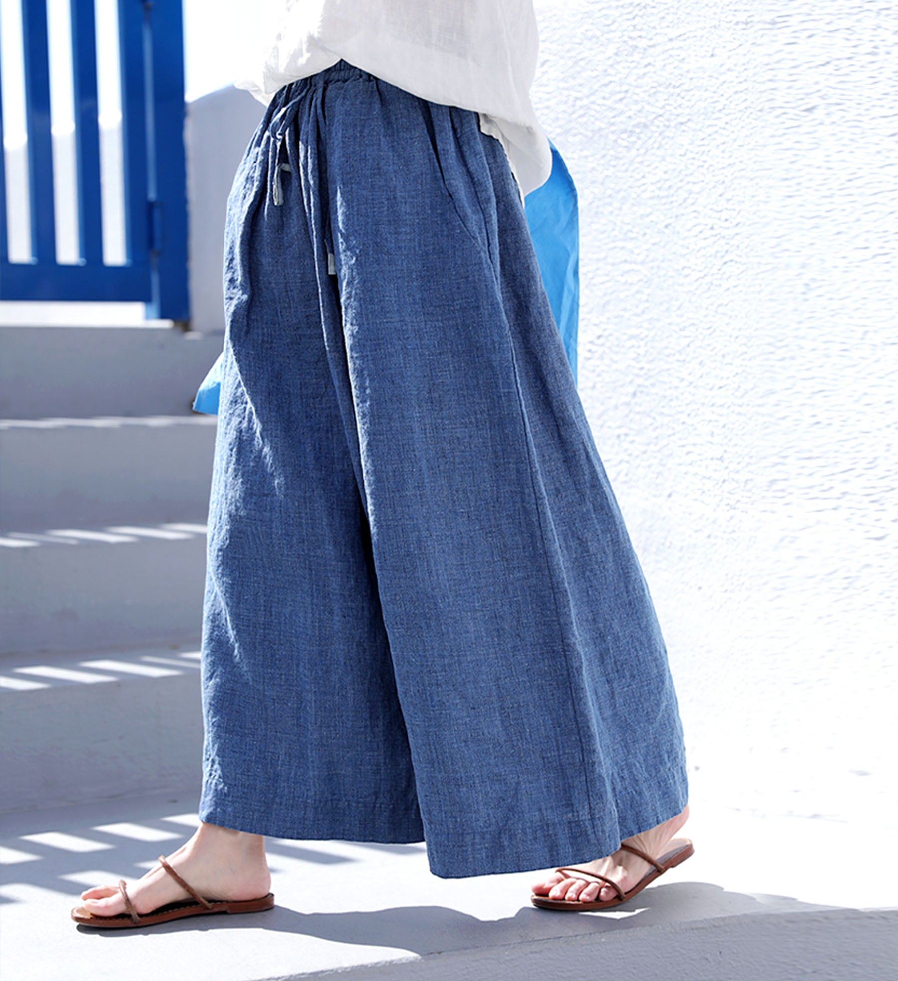edoa Washed Yarn Dyed Linen Flared Palazzo Pants