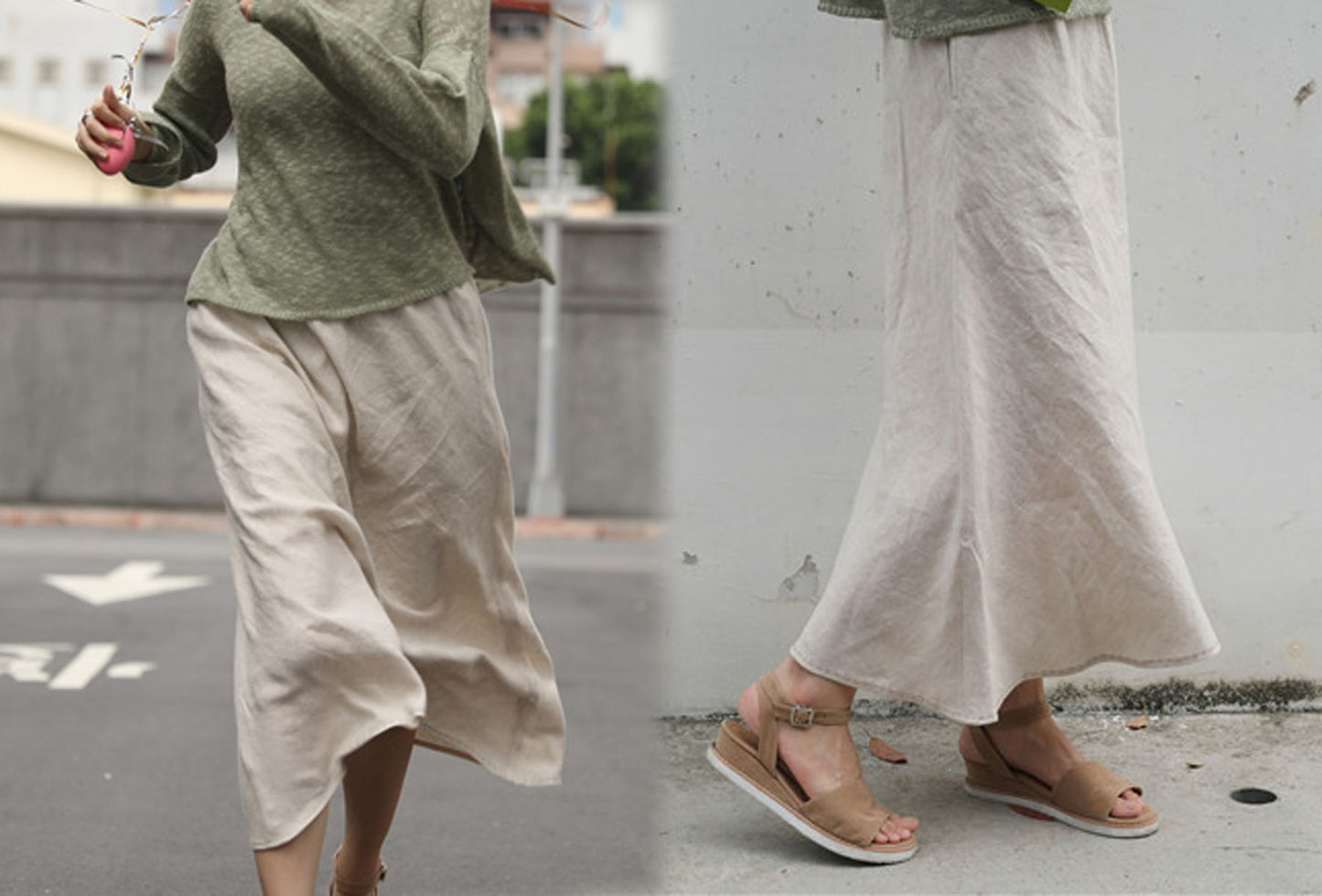 edoa Linen Bias Cut Midi Slip Skirt