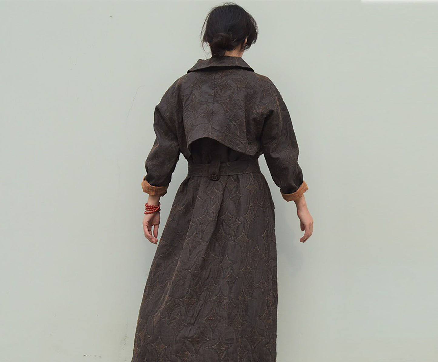edoa Mud Tussah Silk Jacquard Peter Pan Collar Trench Coat 