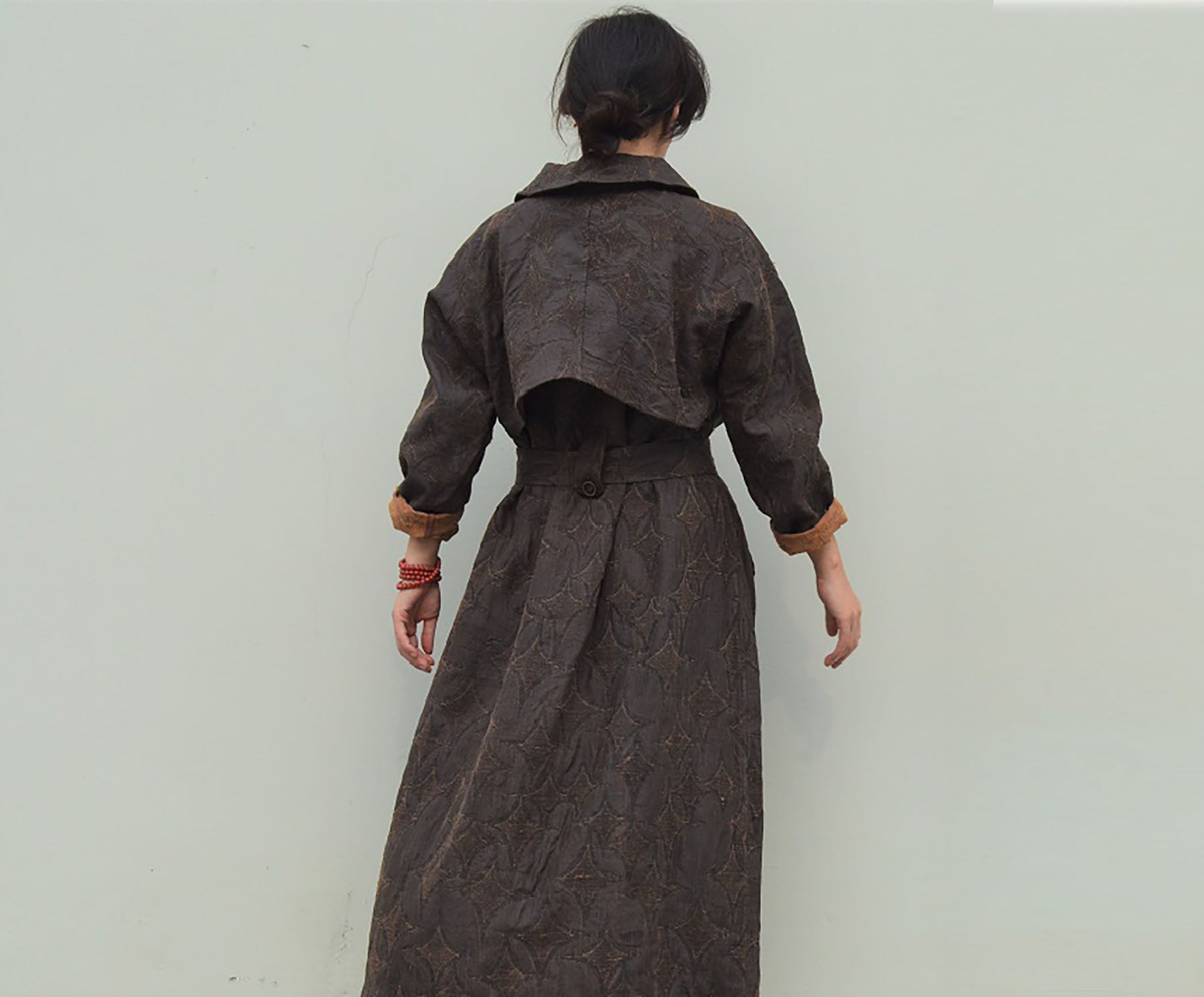 edoa Mud Tussah Silk Jacquard Peter Pan Collar Trench Coat 