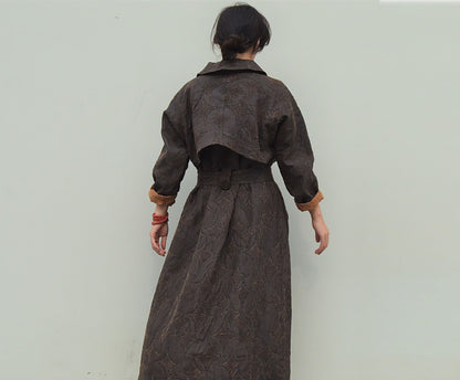 edoa Mud Tussah Silk Jacquard Peter Pan Collar Trench Coat 