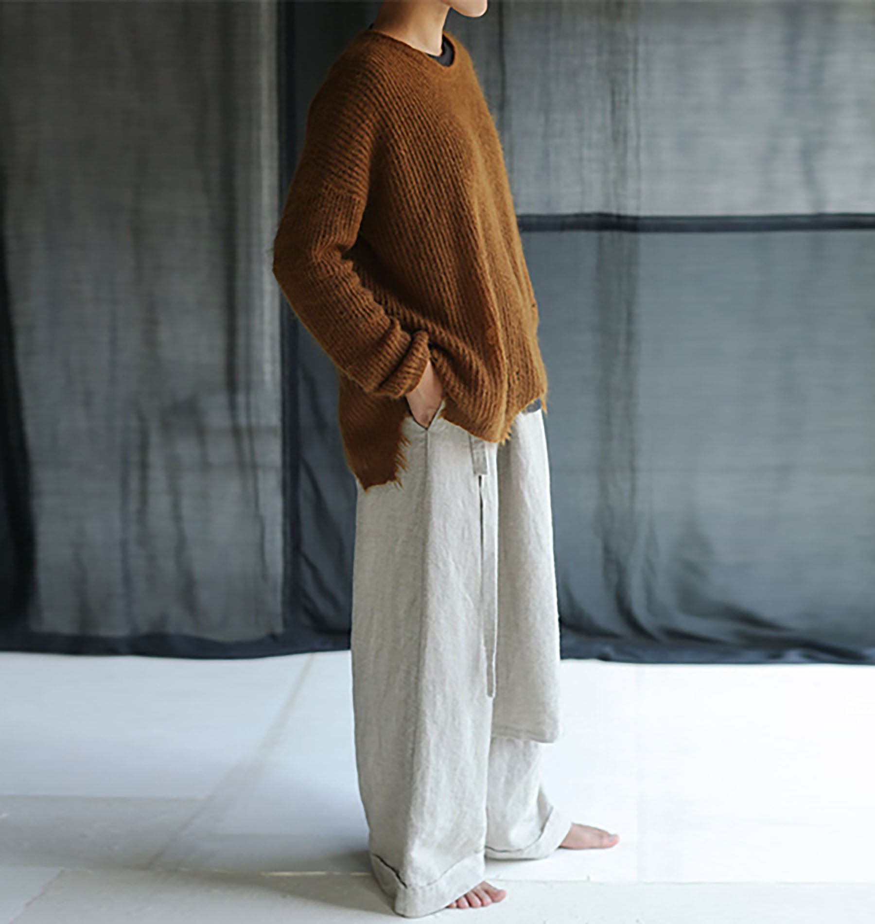 edoa Wide Leg Linen Pleated Pants with Detachable Apron 