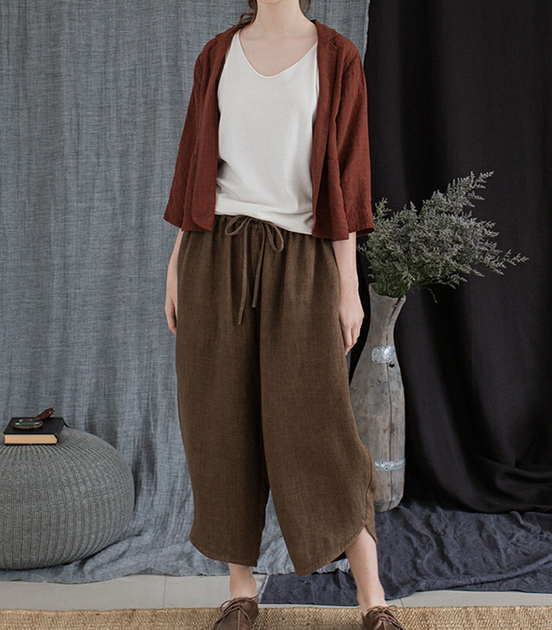 edoa Brown Twill Ramie Fisherman Pants