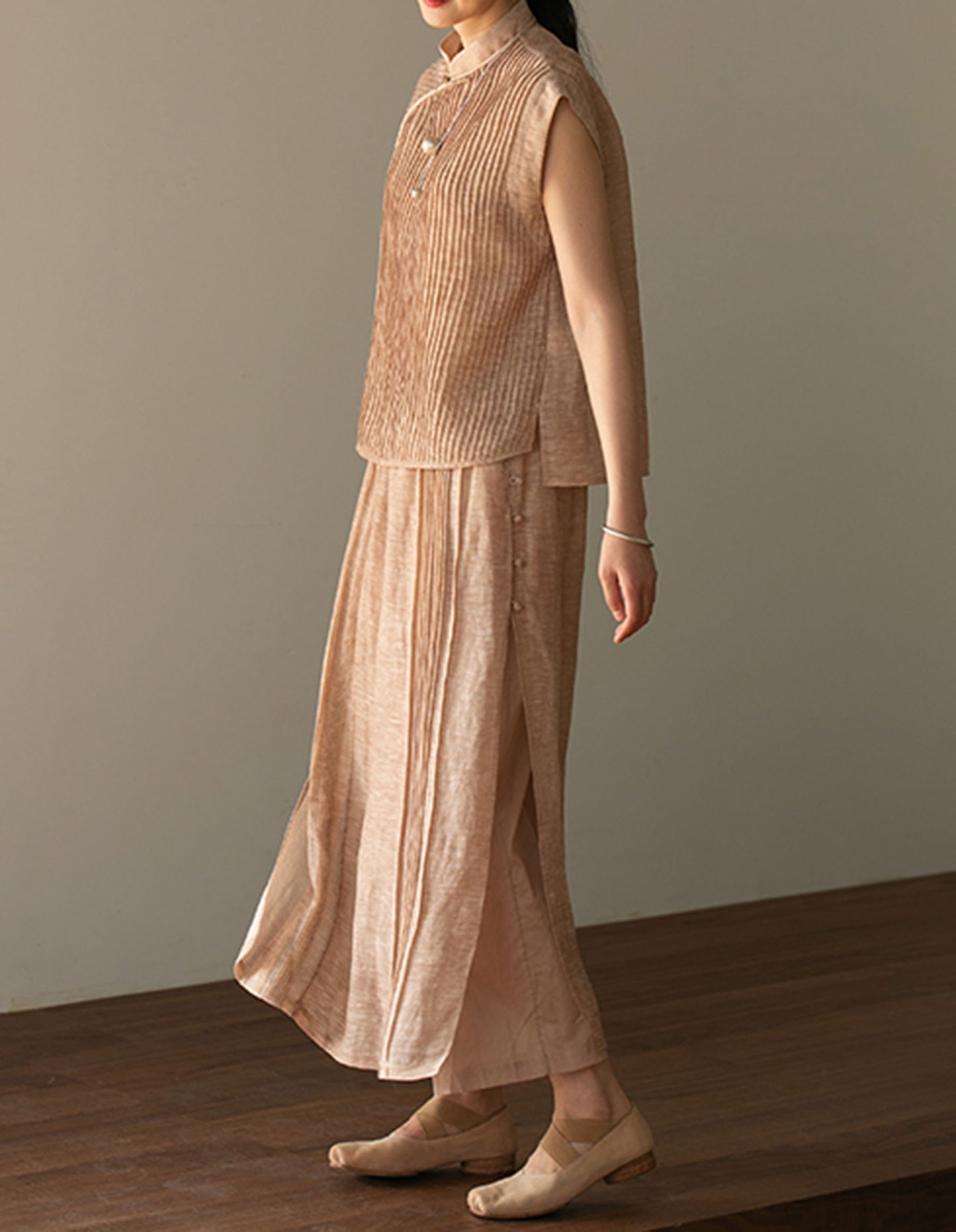 edoa Hand-pintucked Distressed Linen Rayon blend Qipao