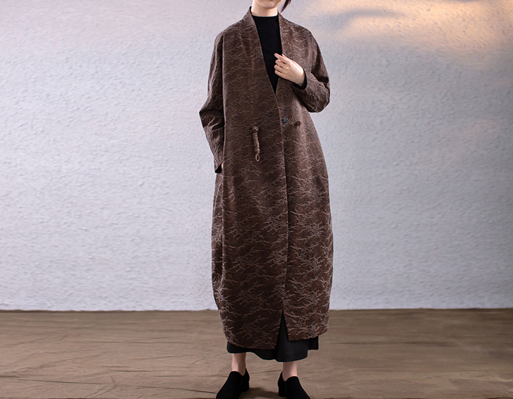 edoa Mud Noil Silk Rayon Blend Jacquard Cocoon Coat