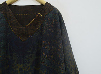 Reversible Loose Fitting Printed V-neck Mud Noil Silk Dress dr0239 X190