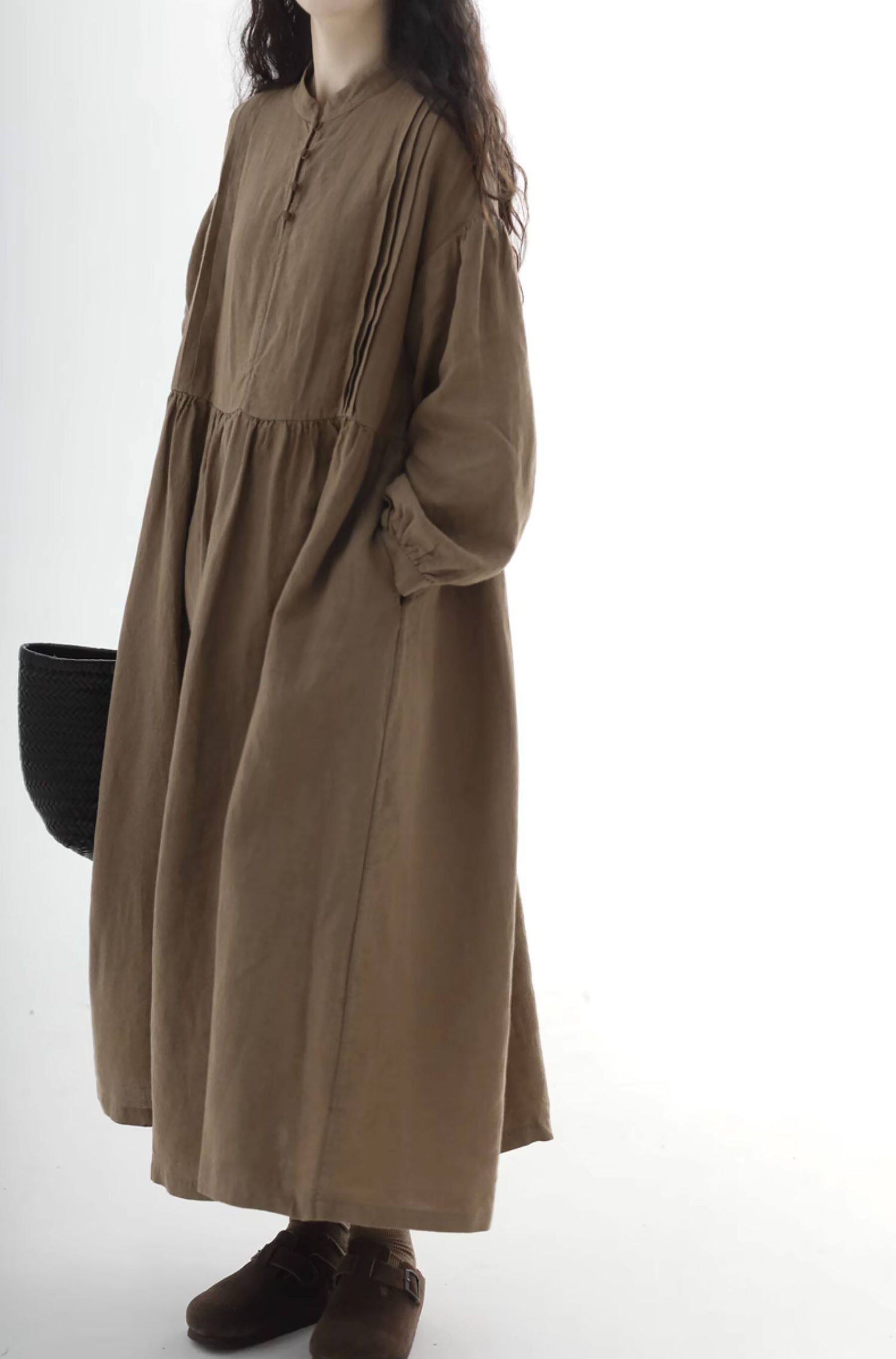 edoa Loose Brown Stone-washed Linen Dress