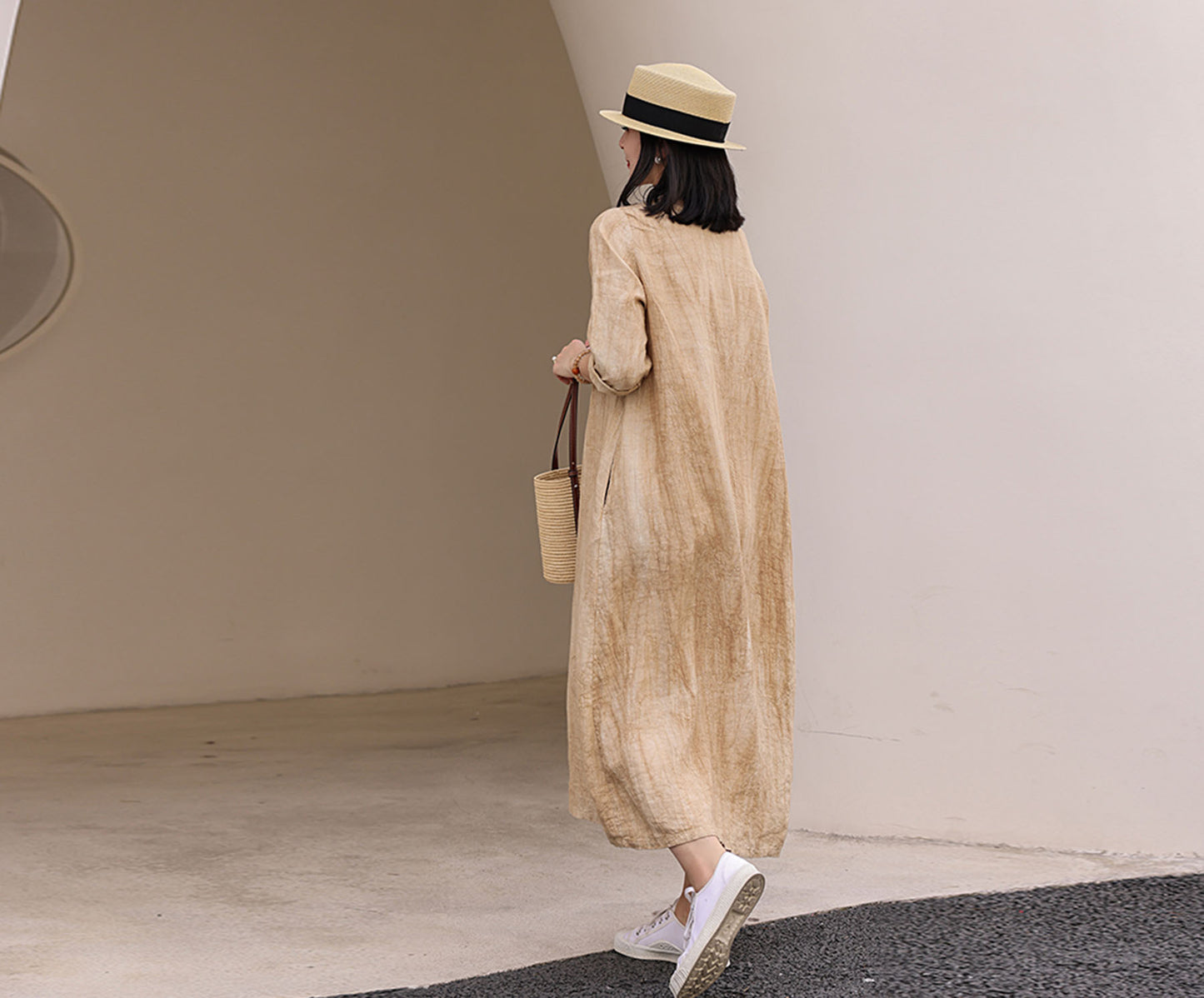 edoa Distressed Crinkled Linen A-line Dress with Hand Embroidery
