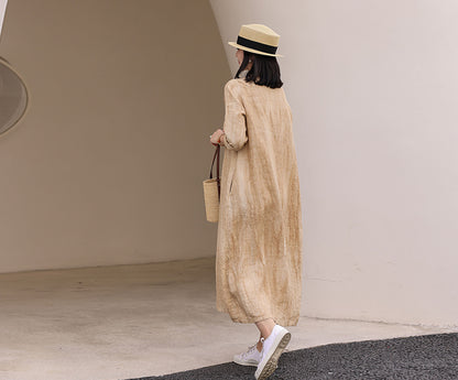 edoa Distressed Crinkled Linen A-line Dress with Hand Embroidery