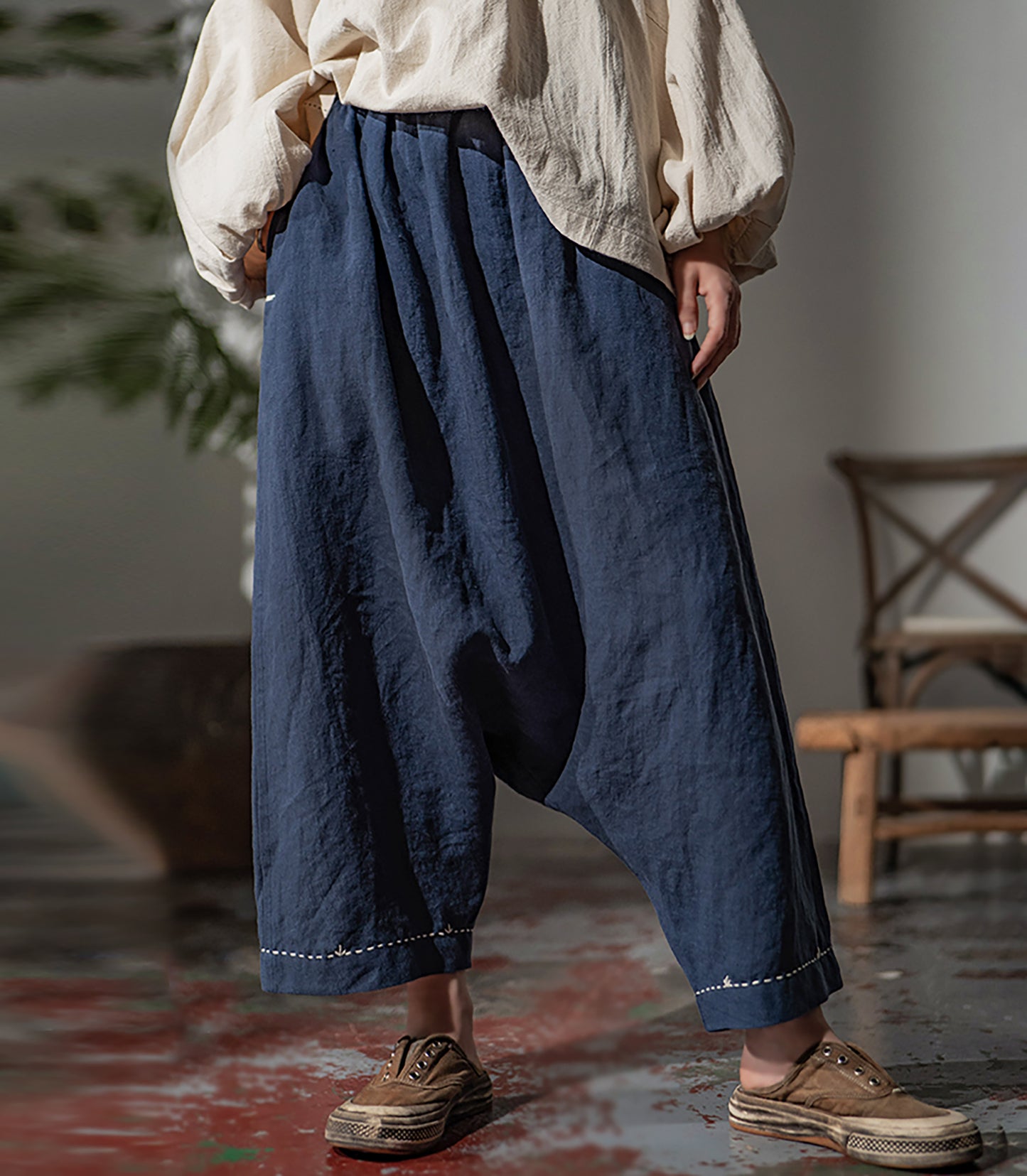 edoa Loose Drop Crotch Linen Harem Pants