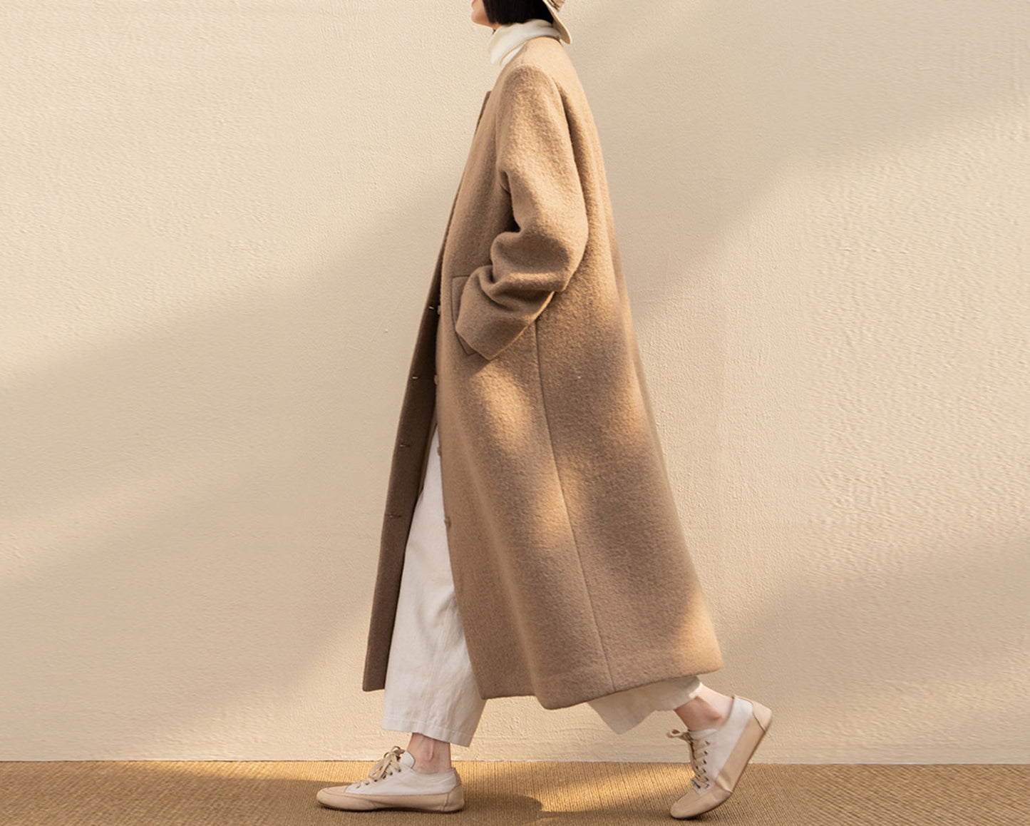 edoa Winter Boiled Wool A-line Long Coat 