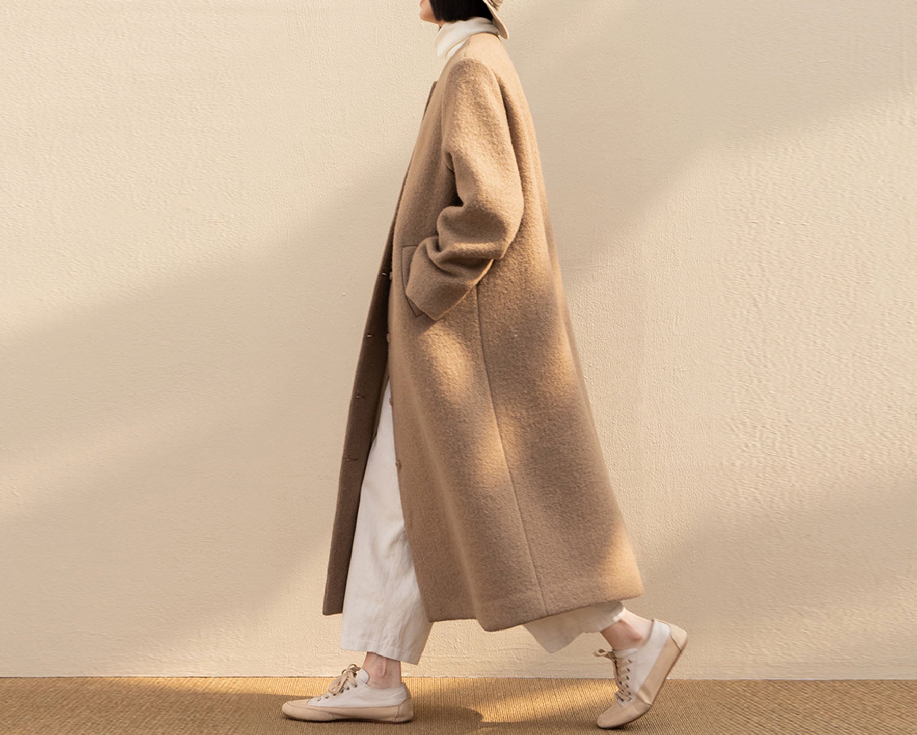edoa Winter Boiled Wool A-line Long Coat 