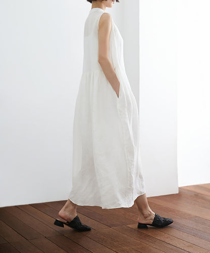 edoa Off White Sleeveless Linen Shirt Dress