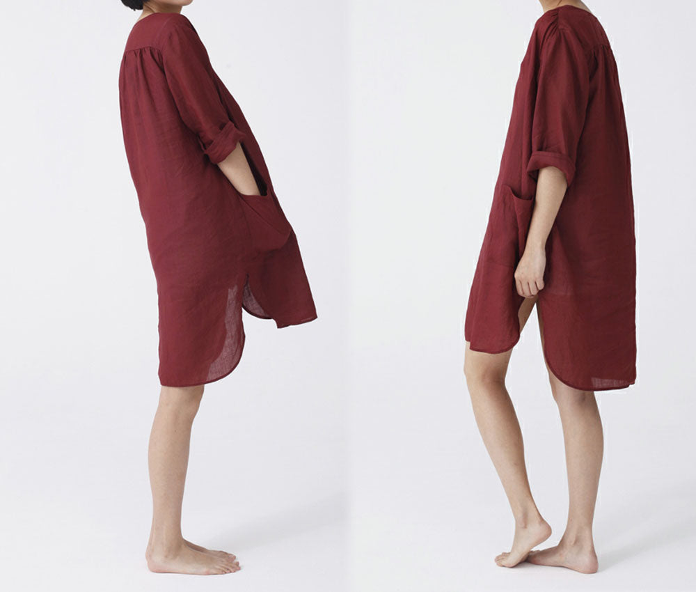 edoa Washed Ramie V-neck White Tunic Dress