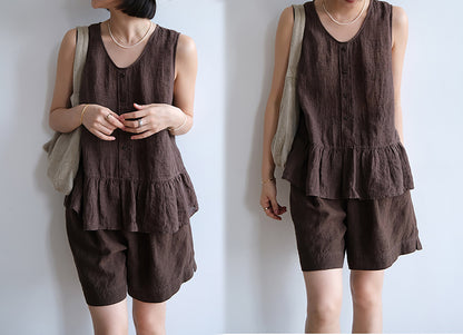 edoa Brown Yarn Dyed Linen Tank Top
