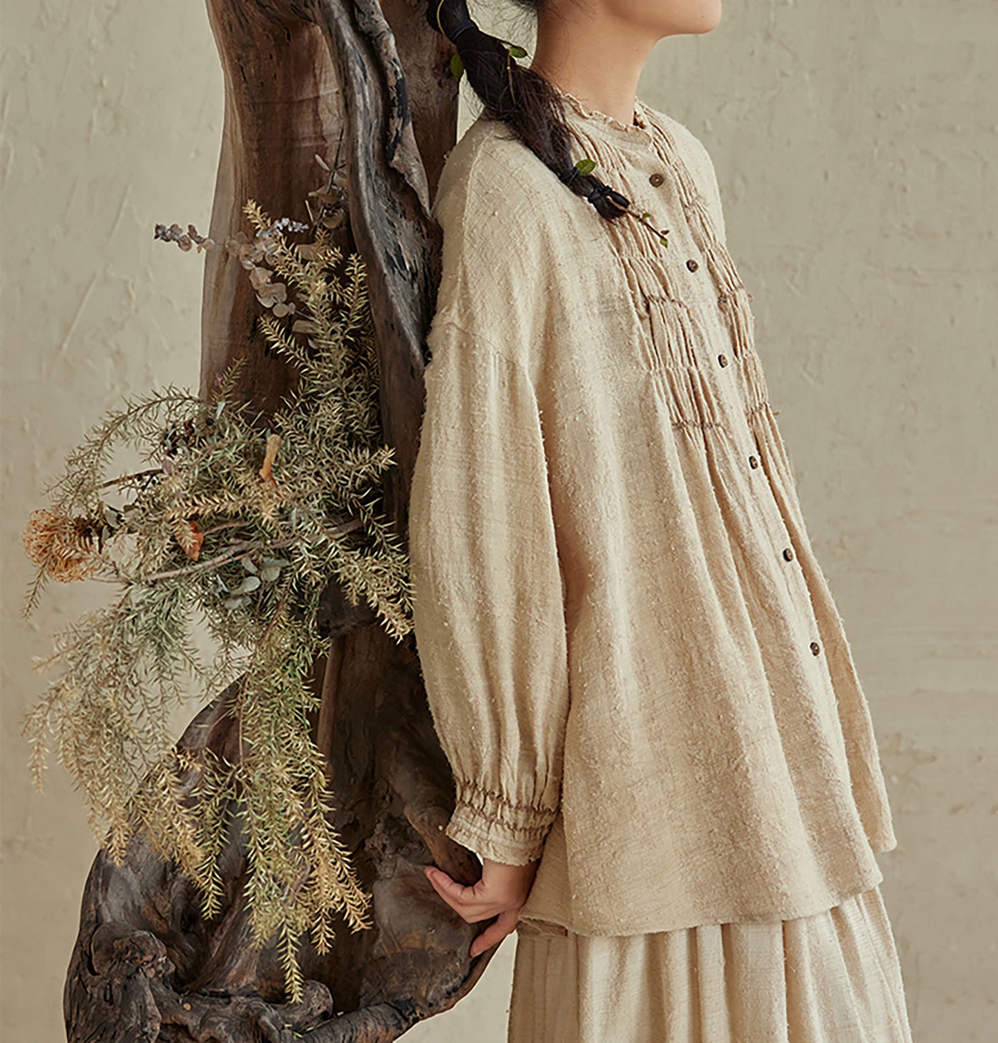 edoa Raw Tussah Silk Smocking Shirt