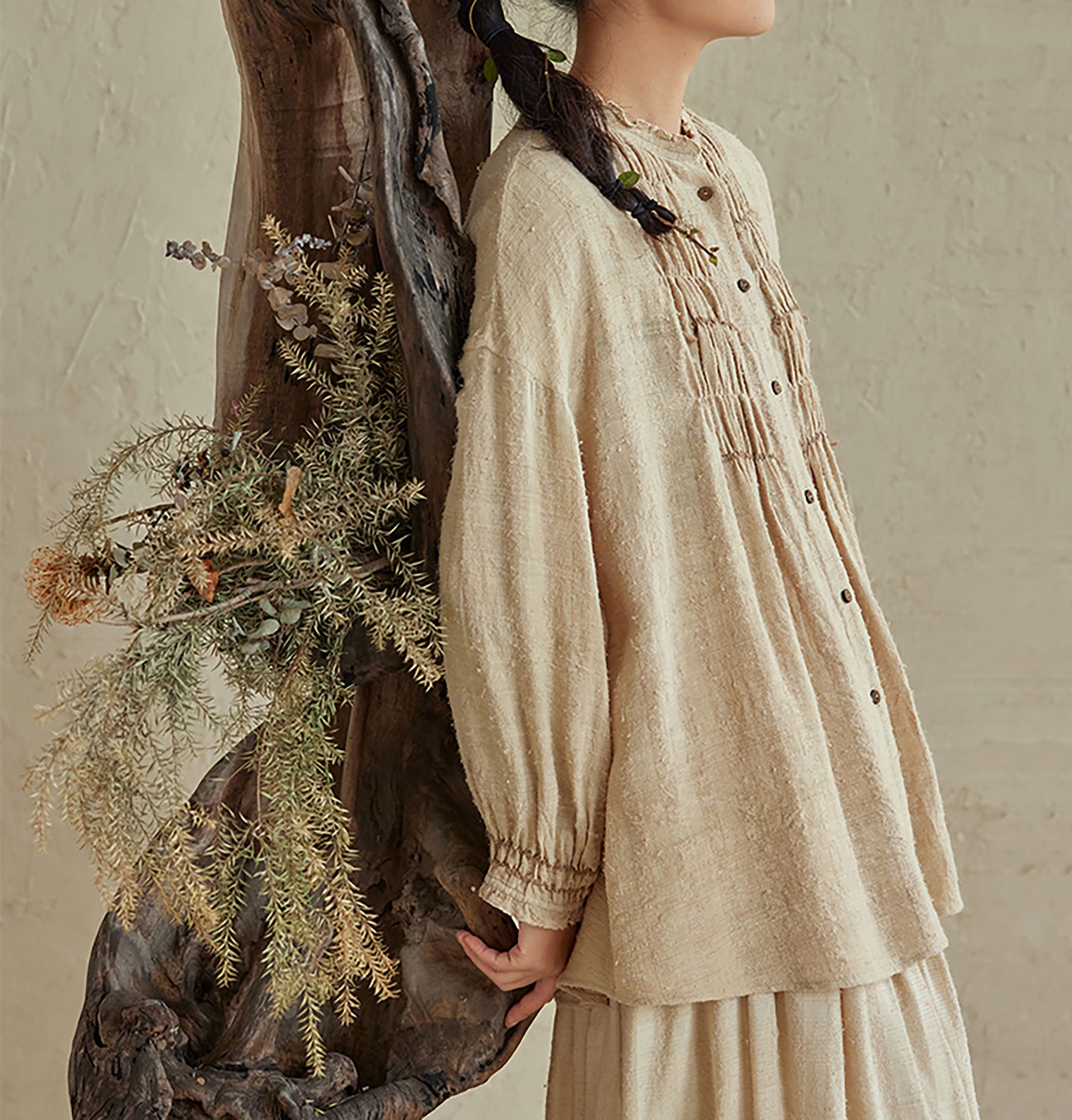 edoa Raw Tussah Silk Smocking Shirt