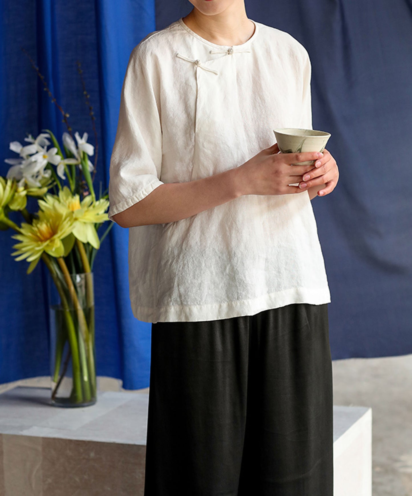 Half Sleeve Washed Linen Cheongsam to0013 E008