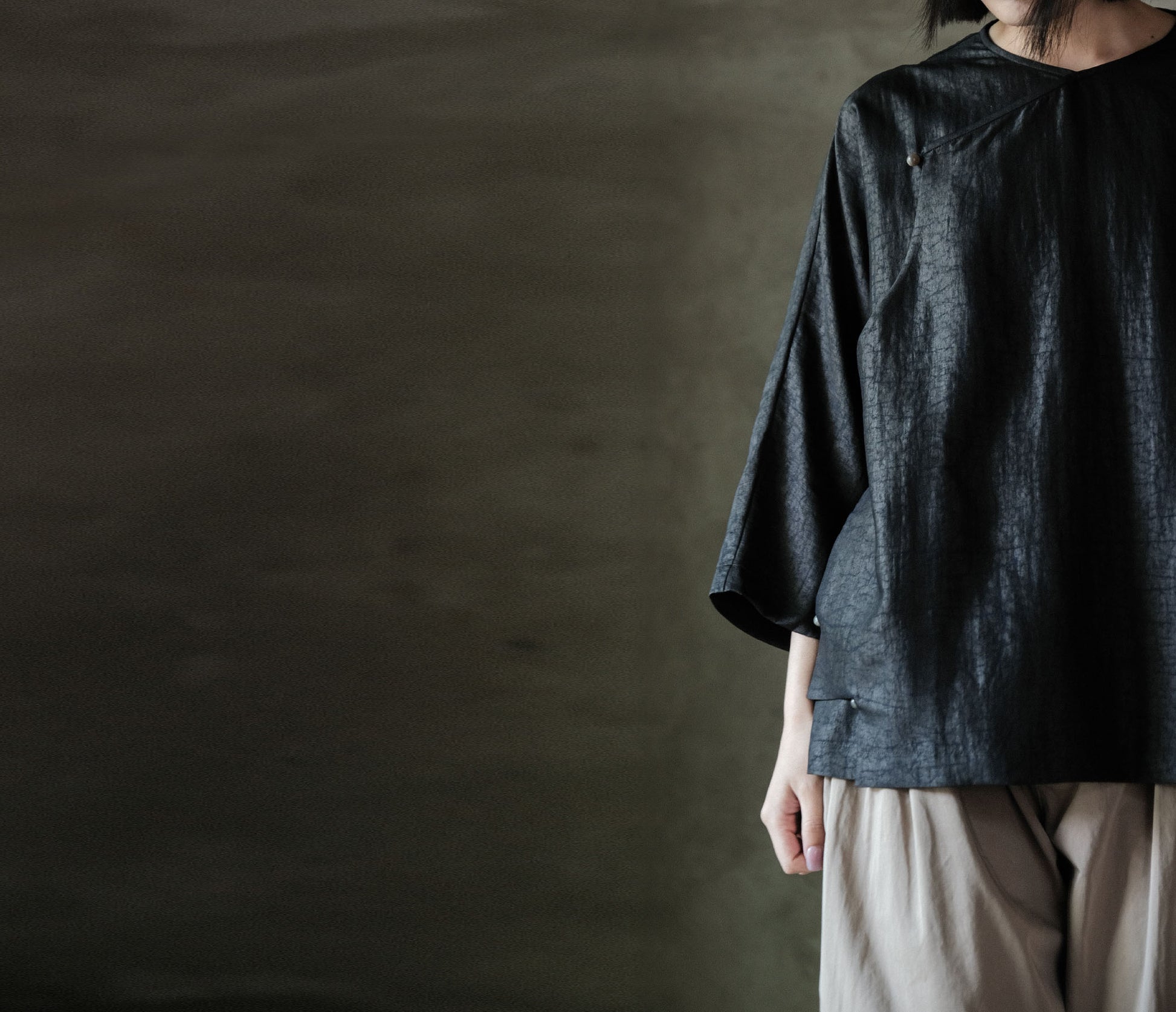 edoa Cracked Mud Silk 3/4 Sleeve Chinese Tee