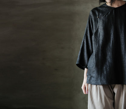 edoa Cracked Mud Silk 3/4 Sleeve Chinese Tee