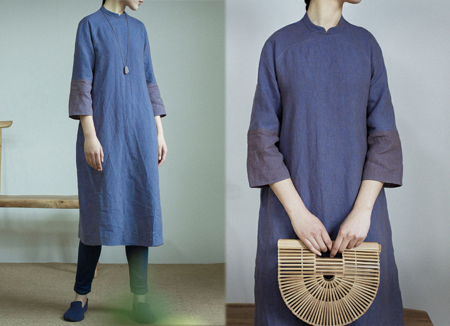 edoa Two Tone Yarn Dyed Linen Modified Qipao